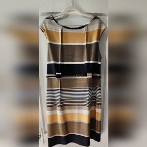 Elegant Asymmetrical Striped Dress - Black, Brown, Gold